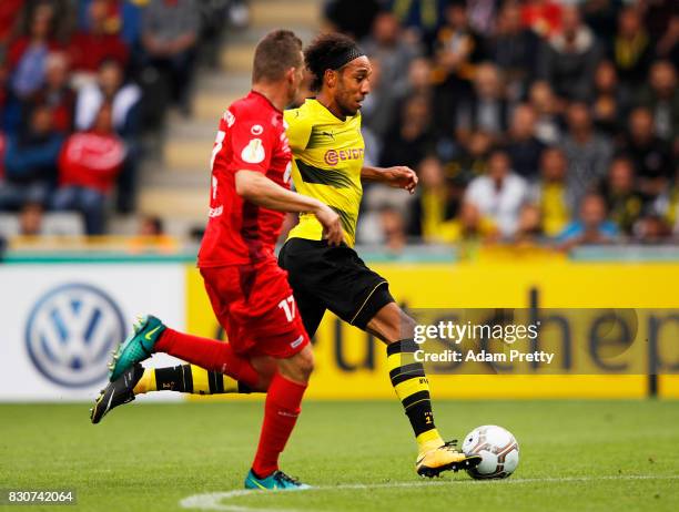 Pierre-Emerick Aubameyang of Borussia Dortmund scores a goal during the DFB Cup match between 1. FC Rielasingen-Arlen and Borussia Dortmund at...