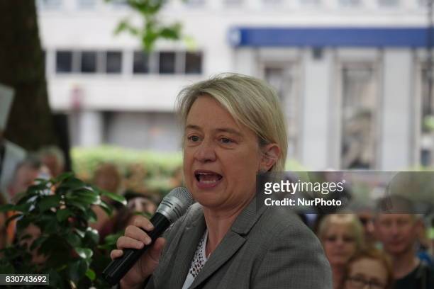 Natalie Bennett delivers a speach during a animal rights activists protest though central London, UK, on 12 August 2017. As the Grouse shooting...