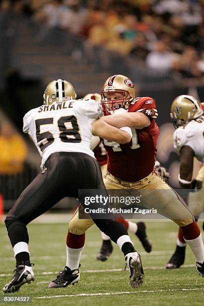 Tight end Billy Bajema of the San Francisco 49ers blocks during the NFL game against the New Orleans Saints on September 28, 2008 at the Superdome in...