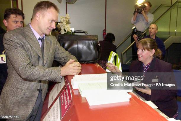 Singer Sting at London's Heathrow Airport, British Airways Concorde check-in-desk, before he departs on the supersonic aircraft which was due to make...