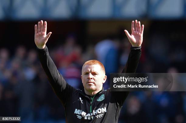 Hibernian manager Neil Lennon gestures to the Hibs fans at the final whistle during the Ladbrokes Scottish Premiership match between Rangers and...