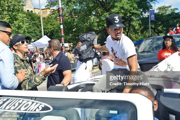 Chance The Rapper serves as Grand Marshal and donates 30,000 gift bags with school supplies at the 2017 Bud Billiken Parade on August 12, 2017 in...