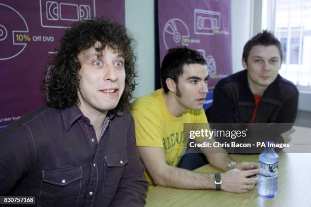 Welsh pop group Stereophonics Stuart Cable, Kelly Jones and Richard Jones, before meeting fans and signing copies of their third hit album, Just...