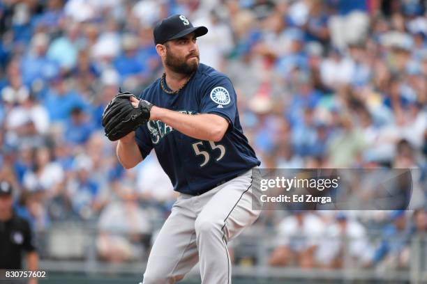 Tony Zych of the Seattle Mariners throws against the Kansas City Royals in game one of a doubleheader at Kauffman Stadium on August 6, 2017 in Kansas...