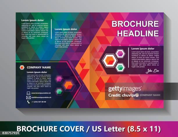 brochure cover template. abstract triangles - green, red, orange, lilac, blue - flyer template stock illustrations