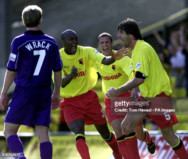 Watford's Filippo Galli celebrates his equalizing goal with Marcus Gayle during the Nationwide Division One match against Walsall at Vicaridge Road,...