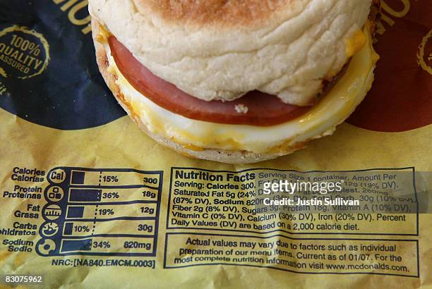 Nutritional information is printed on the wrapper of a McDonald's Egg McMuffin October 1, 2008 in San Rafael, California. California Governor Arnold...
