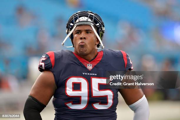 Christian Covington of the Houston Texans during their game against the Carolina Panthers at Bank of America Stadium on August 9, 2017 in Charlotte,...