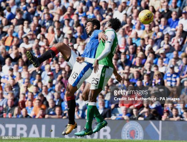 Rangers' Eduardo Herrera and Hibernian's Efe Ambrose battle for the ball during the Ladbrokes Scottish Premiership match at the Ibrox Stadium,...