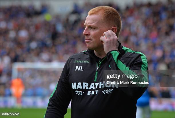 Hibernian manager Neil Lennon looks on during the Ladbrokes Scottish Premiership match between Rangers and Hibernian at Ibrox Stadium on August 12,...