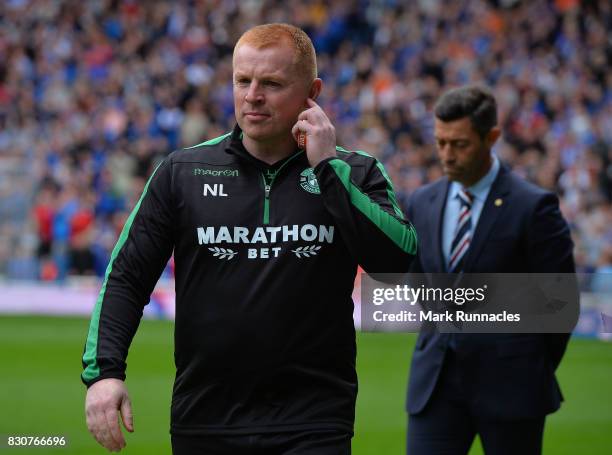 Hibernian manager Neil Lennon looks on during the Ladbrokes Scottish Premiership match between Rangers and Hibernian at Ibrox Stadium on August 12,...