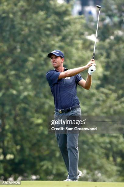 Webb Simpson of the United States plays his shot from the third tee during the third round of the 2017 PGA Championship at Quail Hollow Club on...