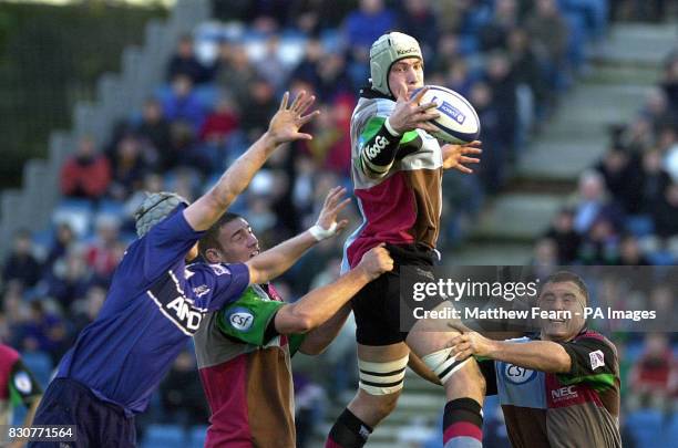 Harlequins' Alex Codling wins the ball in a line-out during their Premiership clash with Sale at The Stoop, London.