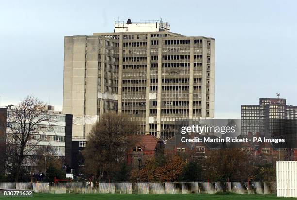 St John's House, the former Inland Revenue, 19-storey tower block in Bootle, Merseyside, just before the building is demolished by a controlled...