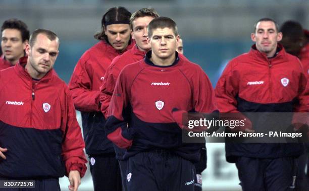 Liverpool players Steven Gerrard during a training session at the Olympic Stadium in Rome on the eve of their game against Roma in the UEFA Champions...