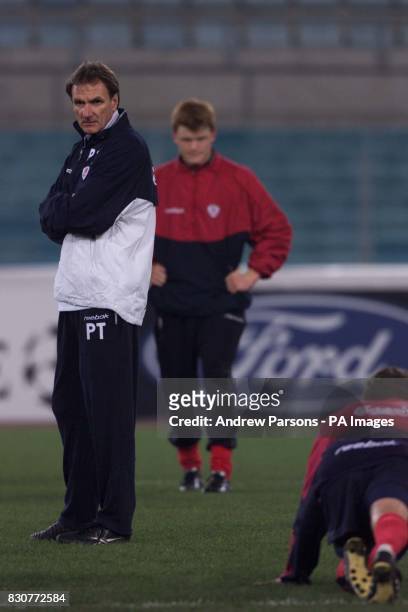 Liverpool's acting coach Phil Thompson during a training session at the Olympic Stadium in Rome on the eve of their game against Roma in the UEFA...