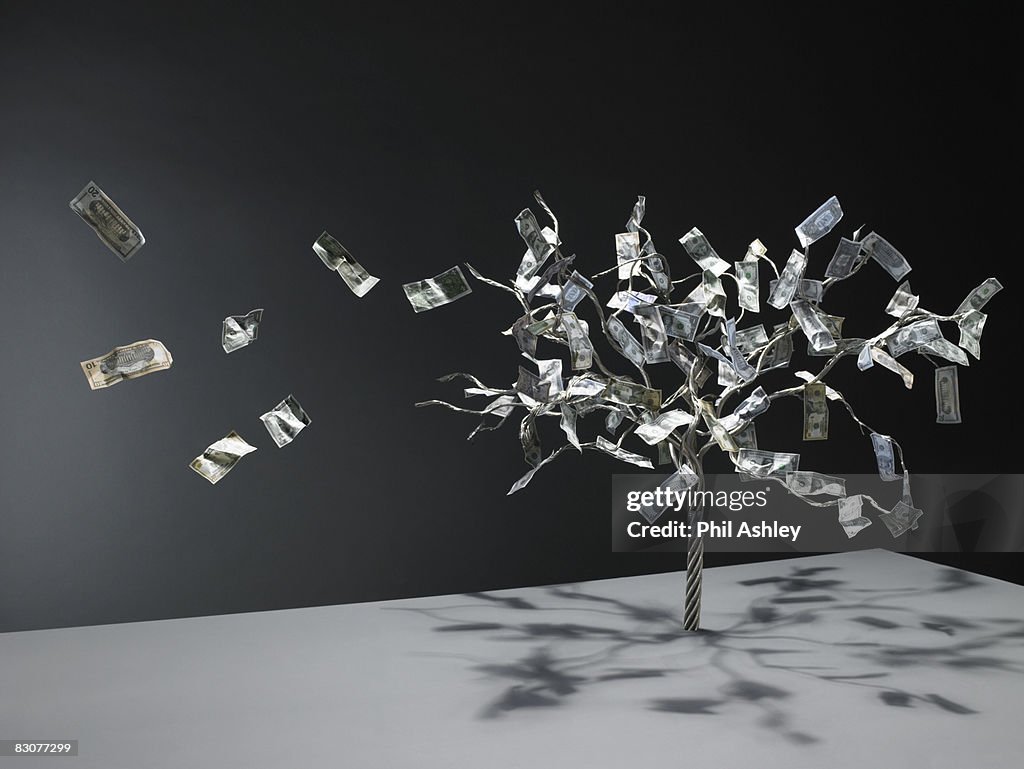 Wire money tree with notes flying off