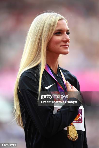 Emma Coburn of the United States, gold, poses with her medal for the Women's 3000 metres Steeplechase during day nine of the 16th IAAF World...