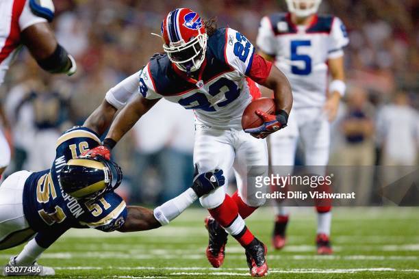 Marshawn Lynch of the Buffalo Bills carries the ball during the game against the St. Louis Rams at Edward Jones Dome on September 28, 2008 in St....