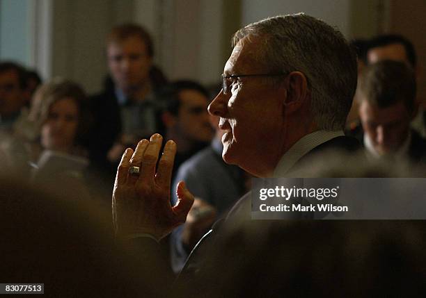 Senate Majority Leader Sen. Harry Reid talks to reporters on Capitol Hill October 1, 2008 in Washington, DC. The U.S. Senate will vote Wednesday...