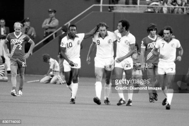 Forward Pele, Giorgio Chinaglia and Carlos Alberto of the New York Cosmos during a game on July 27, 1977 against the Washington Diplomats at Giants...