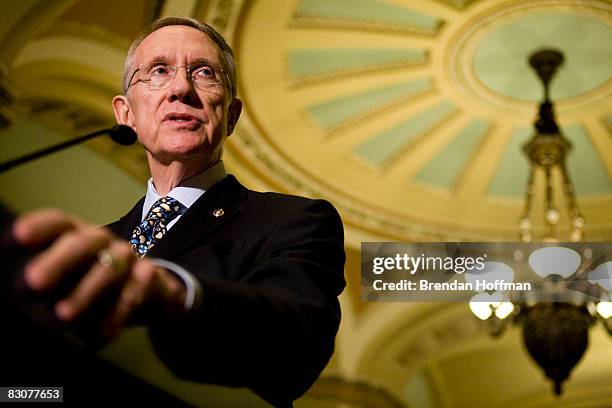 Senate Majority Leader Harry Reid speaks to the media on Capitol Hill on October 1, 2008 in Washington, DC. The U.S. Senate will vote Wednesday...