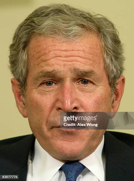 President George W. Bush pauses as he speaks to the media during a meeting with Gen. David McKiernan, Commander for NATO International Security...