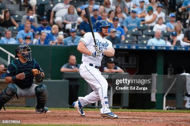 Brandon Moss of the Kansas City Royals hits against the Seattle Mariners in game two of a doubleheader at Kauffman Stadium on August 6, 2017 in...