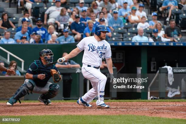 Brandon Moss of the Kansas City Royals hits against the Seattle Mariners in game two of a doubleheader at Kauffman Stadium on August 6, 2017 in...