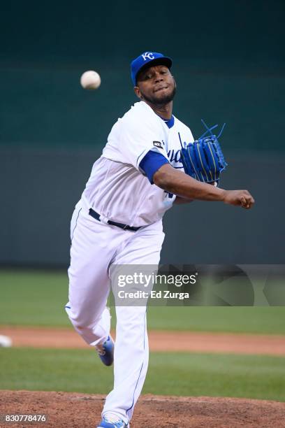 Neftali Feliz of the Kansas City Royals throws against the Seattle Mariners in game two of a doubleheader at Kauffman Stadium on August 6, 2017 in...