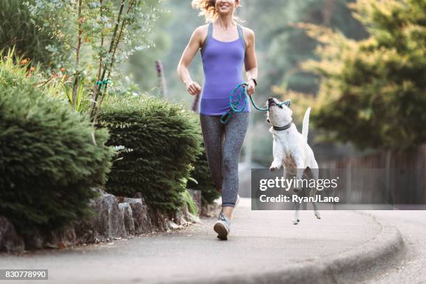 kvinna som jogging med hund - dog jumping bildbanksfoton och bilder