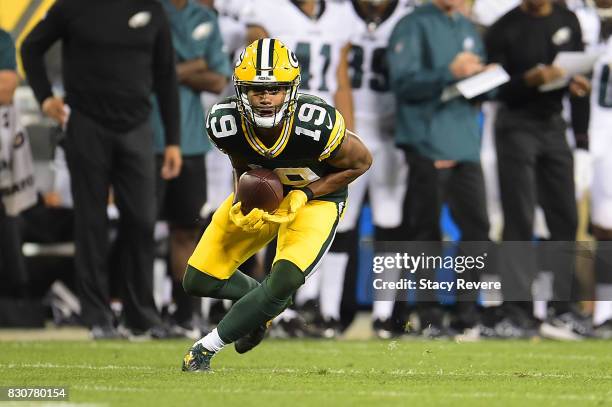 Malachi Dupre of the Green Bay Packers catches a pass during the third quarter of a preseason game against the Philadelphia Eagles at Lambeau Field...