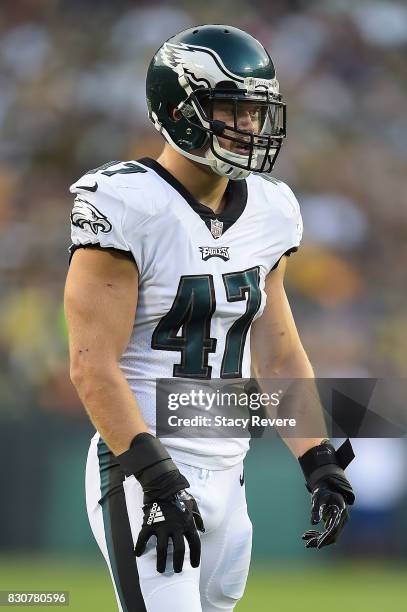 Jake Ryan of the Philadelphia Eagles anticipates a play during a preseason game against the Green Bay Packers at Lambeau Field on August 10, 2017 in...