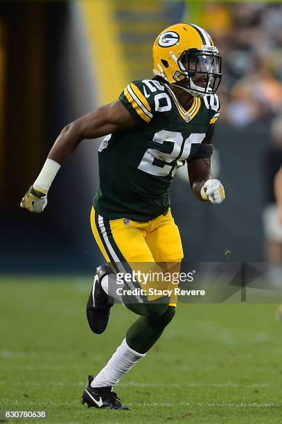 Kevin King of the Green Bay Packers anticipates a play during a preseason game against the Philadelphia Eagles at Lambeau Field on August 10, 2017 in...