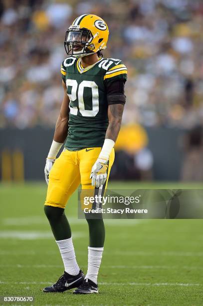 Kevin King of the Green Bay Packers anticipates a play during a preseason game against the Philadelphia Eagles at Lambeau Field on August 10, 2017 in...