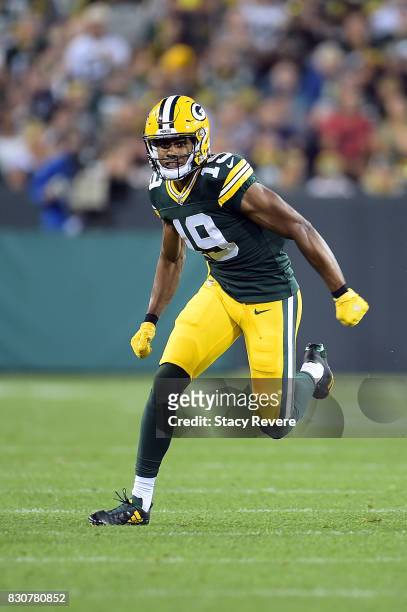 Malachi Dupre of the Green Bay Packers runs a pass route during a preseason game against the Philadelphia Eagles at Lambeau Field on August 10, 2017...