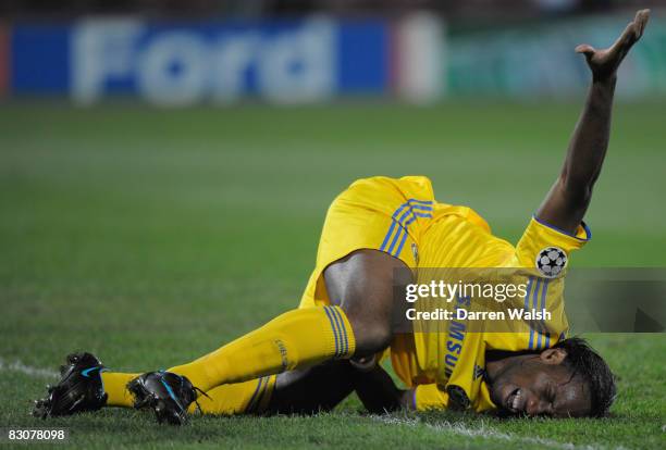 Didier Drogba of Chelsea is injured during the UEFA Champions League Group A match between CFR Cluj-Napoca and Chelsea at the Dr. Constantin...