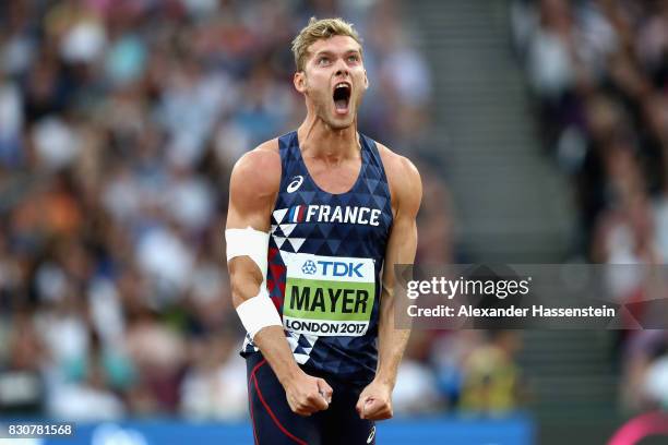 Kevin Mayer of France competes in the Men's Decathlon Javelin during day nine of the 16th IAAF World Athletics Championships London 2017 at The...