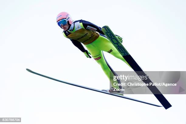 Dawid Kubacki of Poland takes 1st place during the Men's HS 132 at the FIS Grand Prix Ski Jumping on August 12, 2017 in Courchevel, France.