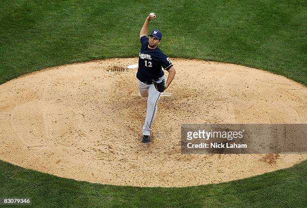 Carlos Villanueva of the Milwaukee Brewers pitches against the Philadelphia Phillies during Game 1 of the NLDS Playoffs at Citizens Bank Ballpark on...