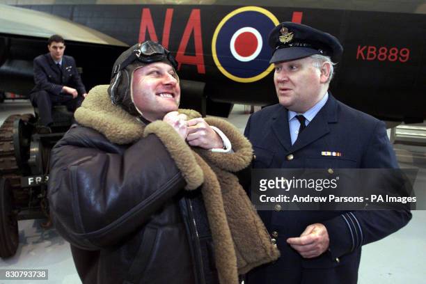 Colin Baker the former Dr Who star, with fellow actors Rupert Baker and Daniel Brown , during a photocall at the Duxford Air Museum, Cambridgeshire,...