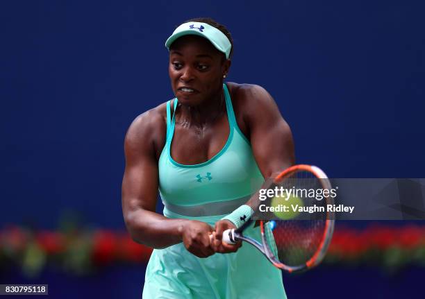 Sloane Stephens of the United States plays a shot against Caroline Wozniacki of Denmark during a semifinal match on Day 8 of the Rogers Cup at Aviva...