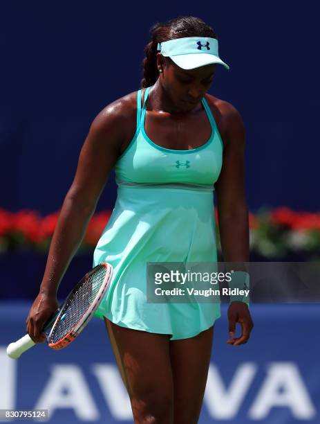 Sloane Stephens of the United States reacts after a missed shot against Caroline Wozniacki of Denmark during a semifinal match on Day 8 of the Rogers...