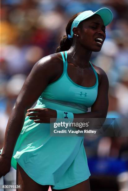 Sloane Stephens of the United States reacts after a missed shot against Caroline Wozniacki of Denmark during a semifinal match on Day 8 of the Rogers...