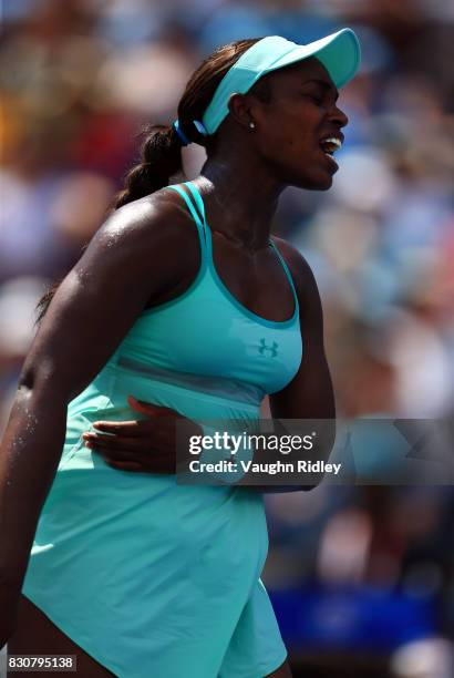 Sloane Stephens of the United States reacts after a missed shot against Caroline Wozniacki of Denmark during a semifinal match on Day 8 of the Rogers...