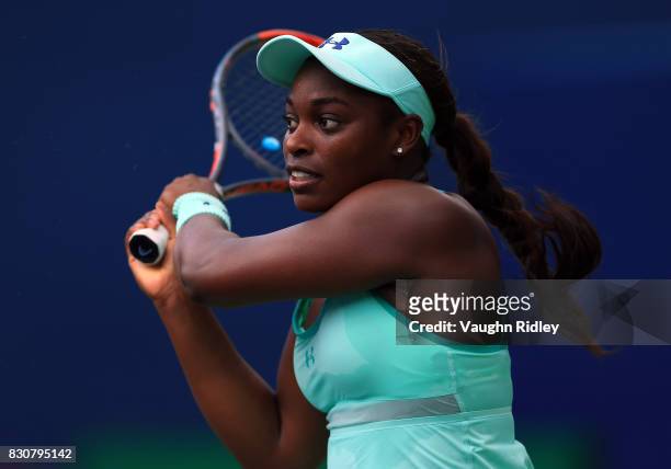 Sloane Stephens of the United States plays a shot against Caroline Wozniacki of Denmark during a semifinal match on Day 8 of the Rogers Cup at Aviva...