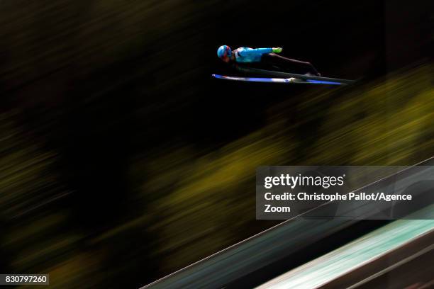 Denis Kornilov of Russia takes 3rd place during the Men's HS 132 at the FIS Grand Prix Ski Jumping on August 12, 2017 in Courchevel, France.