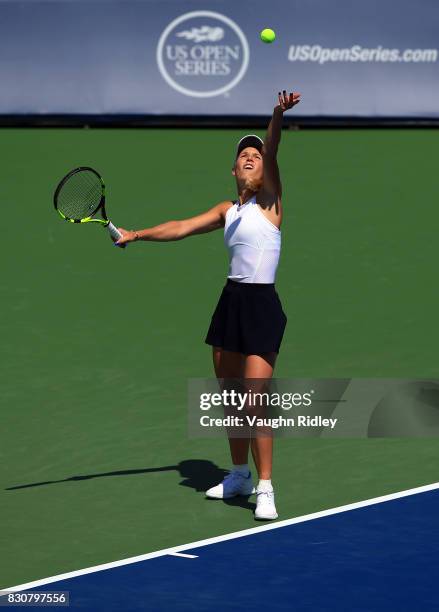 Caroline Wozniacki of Denmark serves against Sloane Stephens of the United States during a semifinal match on Day 8 of the Rogers Cup at Aviva Centre...