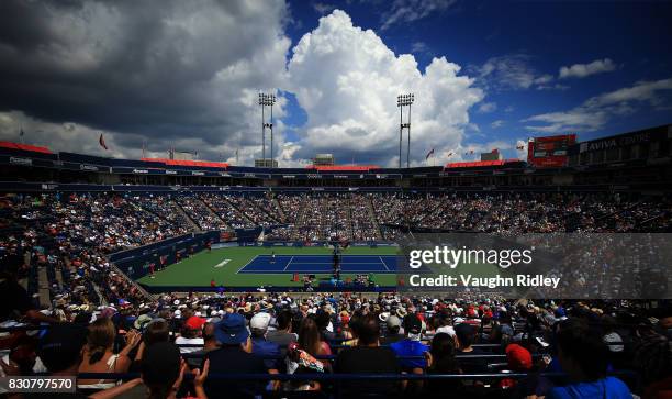 General view of Centre Court during a semifinal between Caroline Wozniacki of Denmark and Sloane Stephens of the United States on Day 8 of the Rogers...