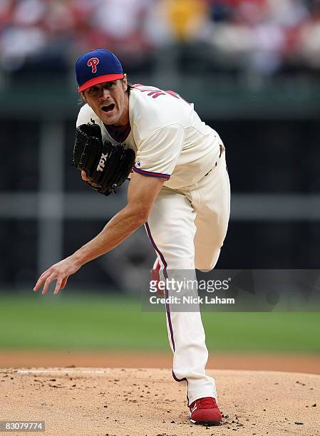 Cole Hamels of the Philadelphia Phillies pitches against the Milwaukee Brewers during Game 1 of the NLDS Playoffs at Citizens Bank Ballpark on...